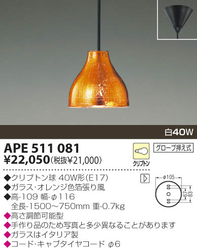 KOIZUMI 白熱灯ペンダント APE511081 | 商品紹介 | 照明器具の通信販売・インテリア照明の通販【ライトスタイル】