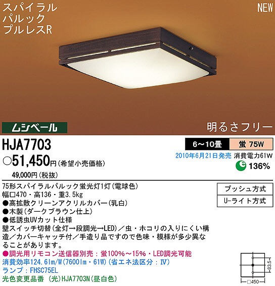 PANASONIC パナソニック電工 シーリングライト HJA7703 | 商品紹介