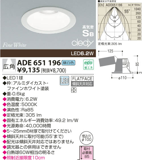 AD1196N27LED角型ダウンライト ベースタイプ 埋込穴□75 広角 高気密SB