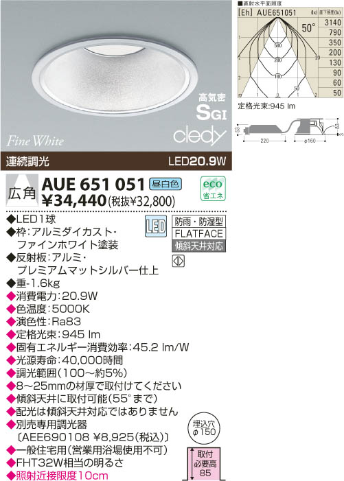 KOIZUMI LED 防雨防湿型高気密ダウンライト AUE651051 | 商品紹介