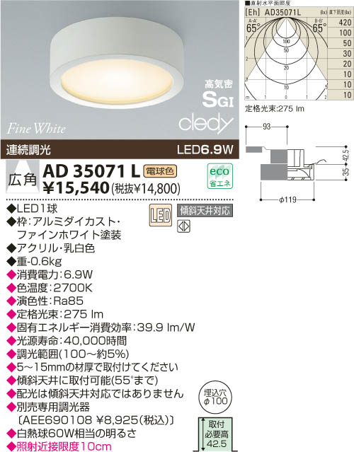 KOIZUMI LED浅型ダウンライト AD35071L | 商品紹介 | 照明器具の通信