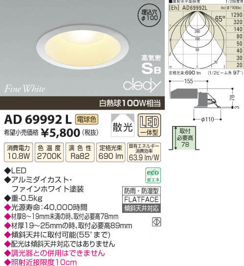 コイズミ照明 KOIZUMI LED高気密ダウンライト AD69992L | 商品紹介 ...