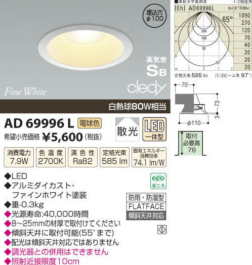 コイズミ照明 KOIZUMI LED高気密ダウンライト AD69996L | 商品紹介