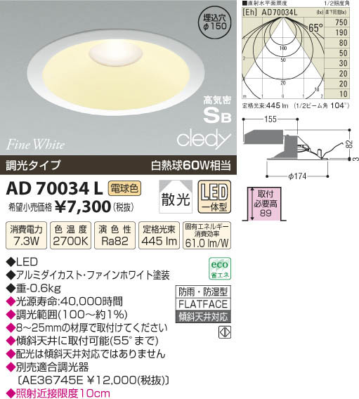 コイズミ照明 KOIZUMI LED高気密ダウンライト AD70034L | 商品紹介 ...