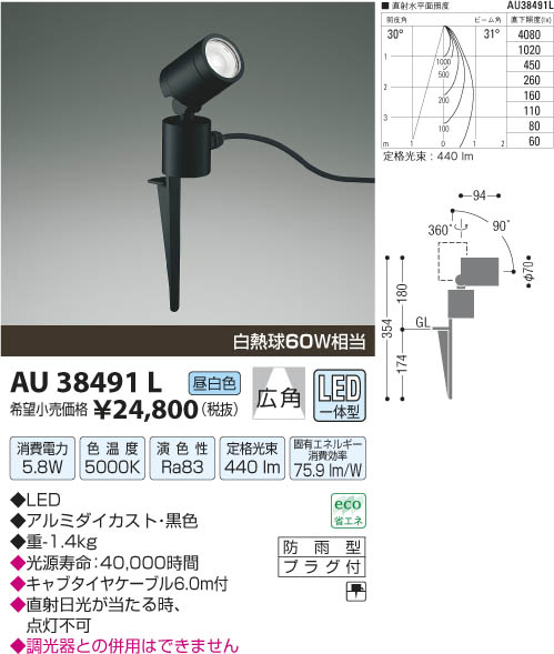 コイズミ照明 KOIZUMI アウトドアスパイクスポット LED AU38491L