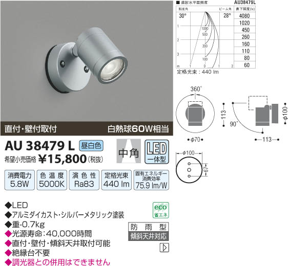 コイズミ照明 KOIZUMI アウトドアスポットライト LED AU38479L | 商品
