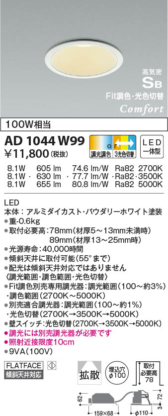 KOIZUMI コイズミ照明 高気密SBダウンライト AD1044W99 | 商品紹介