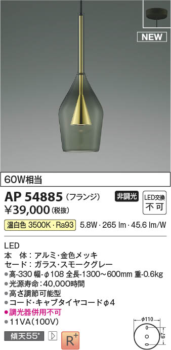 コイズミ照明 AP54880 ペンダント 非調光 LED一体型 温白色 プラグ
