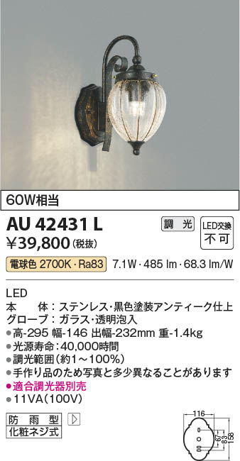コイズミ照明 防雨型ブラケット(白熱球60W相当)黒色 AU42406L 屋外照明