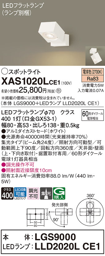Panasonic スポットライト XAS1020LCE1 | 商品紹介 | 照明器具の通信