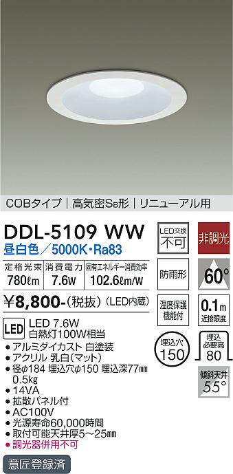 DAIKO 大光電機 ダウンライト(軒下兼用) DDL-5109WW | 商品紹介 | 照明 